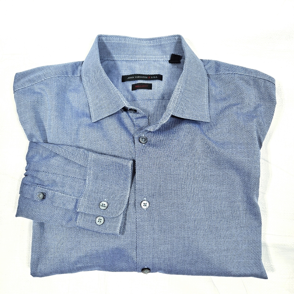 John Varvatos Blue And White Regular Fit Button Down Dress Shirt